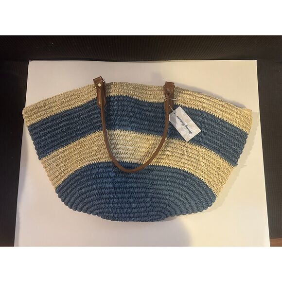 NWT Tommy Bahama Oversized Striped Straw Beach Tote Bag Blue Woven - Picture 1 of 5